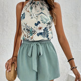Two-Piece Tropical Floral Print Off the Shoulder Elegant Outfit - Belted Shorts & Halter Neck Top Set for Spring and Summer - Polyester Woven, No Elasticity, Random Printing, Womens Clothing