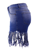 Ultra-Stretch Carnaval Fringe Denim Shorts - Fashionable Washed Blue, High Waist Party Style - For Trendsetting Women