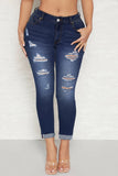 hulianfu - Deep Blue Casual Solid Ripped High Waist Skinny Denim Jeans
