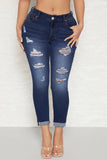 hulianfu - Deep Blue Casual Solid Ripped High Waist Skinny Denim Jeans