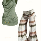 Two-Piece Tie Dye Wide Leg Pants Outfit - Cowl Neck Vest with Drawstring, Micro Elasticity, and Machine Washable - Spring/Summer Casual Wear for Women