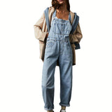 Womens Slight Stretch Denim Long Jumpsuit Romper - Casual Spaghetti Strap Wide Leg Bib Overalls with Button Front - Machine Washable, Solid Color, All-Season, Knit Fabric, No Printing, No Sheer