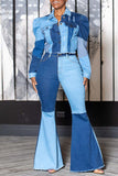 hulianfu - Blue Fashion Casual Patchwork Contrast High Waist Boot Cut Denim Jeans