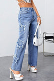 hulianfu - Blue Casual Solid Patchwork High Waist Straight Denim Jeans