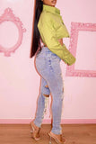 hulianfu - Blue Casual Solid Bandage Hollowed Out High Waist Skinny Denim Jeans