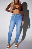 hulianfu - Deep Blue Casual Solid Patchwork High Waist Skinny Denim Jeans