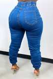 hulianfu - Blue Casual Solid Patchwork High Waist Harlan Denim Jeans