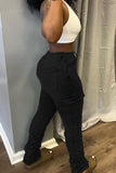 hulianfu - Black Casual Solid Patchwork Pocket High Waist Denim Jeans