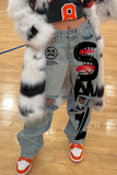 hulianfu - Light Blue Street Print Ripped Mid Waist Loose Denim Jeans