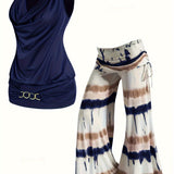 Two-Piece Tie Dye Wide Leg Pants Outfit - Cowl Neck Vest with Drawstring, Micro Elasticity, and Machine Washable - Spring/Summer Casual Wear for Women