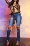 hulianfu - Blue Fashion Casual Solid Ripped Slit Mid Waist Regular Denim Jeans