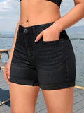Womens Chic High-Waisted Black Denim Shorts - Stretchy Elastic Waist, Fashionable Whiskering Detail, Trendy Rolled Hem - Comfortable & Flexible for All-Day Style