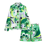 Women's Two Piece Pants Za Vintage Green Floral Print 2 Pieces Women Sets Boho Long Sleeve Shirts and High Waist Wide Leg Shorts Holiday Women Suit T221012