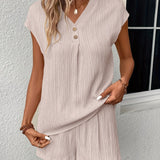 Solid Textured Two-piece Set, Button Front V Neck Short Sleeve Top & Wide Leg Shorts Outfits, Women's Clothing