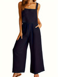 Summer Womens Fresh Fashion Square Neck Sleeveless Tank Top & Wide Leg Long Pants Set - Comfortable, Breathable, Relaxed Fit, European and American Style, Leisure Wear, Suspended Design, Two-Piece Outfit