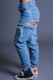 hulianfu - Blue Casual Solid Ripped High Waist Regular Denim Jeans