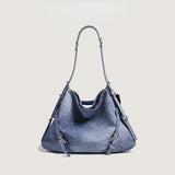 hulianfu - Vintage Large Capacity Washed Denim Shoulder Bag Casual Hobo Bag Retro Tote Bag
