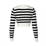 HULIANFU Popular, 2025,  women's new retro striped knitted t-shirt, sexy long-sleeved short button-showing ins top