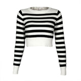 HULIANFU Popular, 2025,  women's new retro striped knitted t-shirt, sexy long-sleeved short button-showing ins top