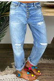 hulianfu - Baby Blue Fashion Casual Solid Ripped Patchwork Buckle High Waist Regular Denim Jeans