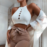 HULIANFU Europe, America,  bm ice silk knitted hollow neck with small suspenders inside, sexy babes wear versatile vest outside