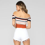 HULIANFU Spring and summer, Popular, 2025,  popular women's clothing, striped lace backless one-word shoulder leakage collarbone short T-shirt women's top
