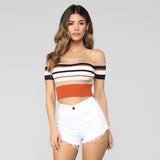 HULIANFU Spring and summer, Popular, 2025,  popular women's clothing, striped lace backless one-word shoulder leakage collarbone short T-shirt women's top