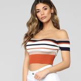 HULIANFU Spring and summer, Popular, 2025,  popular women's clothing, striped lace backless one-word shoulder leakage collarbone short T-shirt women's top