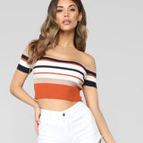 HULIANFU Spring and summer, Popular, 2025,  popular women's clothing, striped lace backless one-word shoulder leakage collarbone short T-shirt women's top