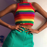 HULIANFU 2025 2025 trade women's clothing knitted sleeveless striped suspender hanging neck sexy outer wear bm women's short vest wholesale