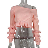 HULIANFU 2025 New  fashion T-shirt women's clothing sexy hottie off-the-shoulder long-sleeved knitted threaded top women