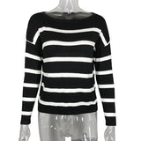 HULIANFU 2025 Popular trade loose long-sleeved t-shirt women's clothing round neck striped sexy off-the-shoulder outer wear with knitted bottoming shirt
