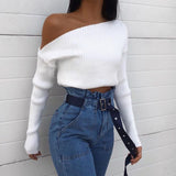 HULIANFU 2025 women's clothing  spring new sexy fashion slim-fitting long-sleeved knitted sweater slanted shoulder sweater top women