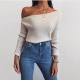 HULIANFU 2025 women's clothing  spring new sexy fashion slim-fitting long-sleeved knitted sweater slanted shoulder sweater top women