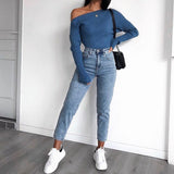HULIANFU 2025 women's clothing  spring new sexy fashion slim-fitting long-sleeved knitted sweater slanted shoulder sweater top women