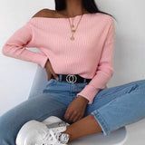 HULIANFU 2025 women's clothing  spring new sexy fashion slim-fitting long-sleeved knitted sweater slanted shoulder sweater top women