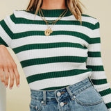 HULIANFU 2025 New women's t-shirt autumn and winter semi-turtleneck long-sleeved contrasting striped slim-fitting knitted pullover bottoming shirt
