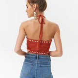 HULIANFU 2025 sexy babes with slim neck, open navel backless short striped straps, outer wear and inner sling vest female summer