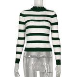 HULIANFU 2025 New women's t-shirt autumn and winter semi-turtleneck long-sleeved contrasting striped slim-fitting knitted pullover bottoming shirt