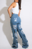 hulianfu - The cowboy blue Fashion Casual Solid Ripped Patchwork High Waist Regular Denim Jeans