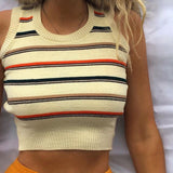HULIANFU 2025 bm short knitted sleeveless round neck contrasting stripes inside and outside, bottomed sexy Spice Girl suspender vest