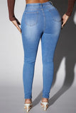 hulianfu - Deep Blue Casual Solid Patchwork High Waist Skinny Denim Jeans