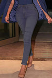 hulianfu - Light Blue Casual Solid Basic Mid Waist Skinny Denim Jeans