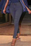 hulianfu - Light Blue Casual Solid Basic Mid Waist Skinny Denim Jeans