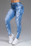 hulianfu - Black Casual Solid Ripped Mid Waist Skinny Denim