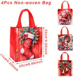 4-Pack Non-Woven Christmas Handbags, Santa Claus & Deer Oil Painting Style, Merry Christmas Gift Packing Bags, Festive Party Favor Bags, Home & Kitchen Holiday Decor, Polyester, Xmas Noel Natal Navidad Decor