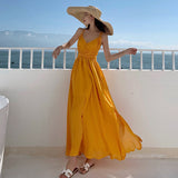 2025 Beach skirt 2025 new women's summer super fairy yellow backless dress seaside vacation dress elegant and swinging