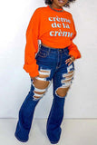 hulianfu - Deep Blue Fashion Casual Solid Ripped High Waist Regular Denim Jeans