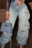 hulianfu - Fluorescent Pink Casual College Solid Ripped Make Old Patchwork Pocket High Waist Denim Jeans