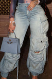 hulianfu - Fluorescent Pink Casual College Solid Ripped Make Old Patchwork Pocket High Waist Denim Jeans